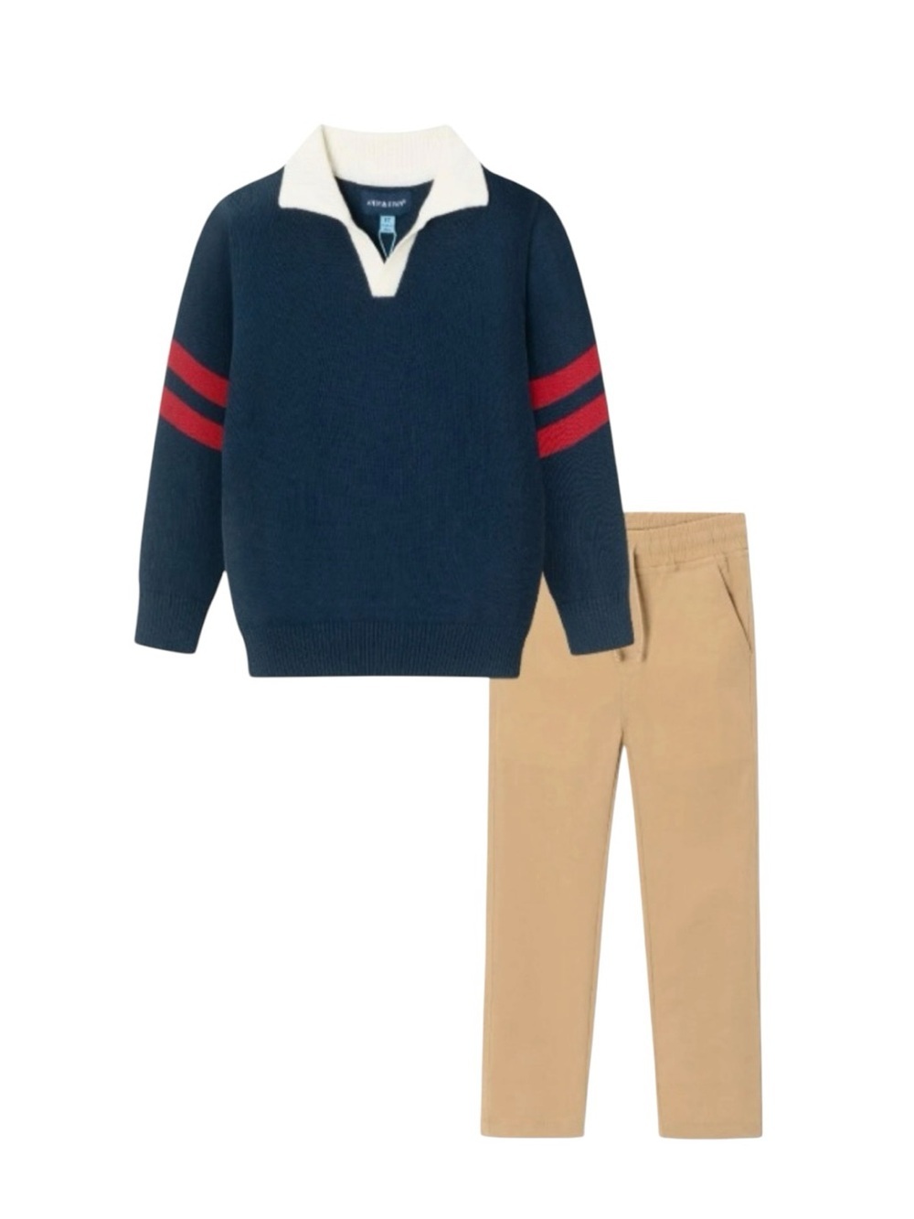 ANDY & EVAN Infant 2-Piece Collared Sweater & Hybrid Pant, Navy & Cognac 9-12M